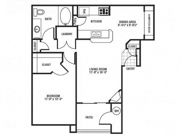 Floor plan for 1 bed, 1 bath, 750 sqft